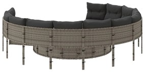 vidaXL Καναπές Κήπου Στρογγυλός Γκρι Συνθ. Ρατάν Τραπέζι + Μαξιλάρια