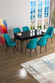 Extendable Dining Table &amp; Chairs Set (7 Pieces) Han - Black Marble, Turquoise Black Marble
Turquoise