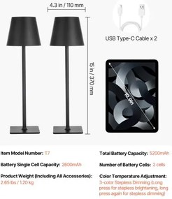 VEVOR Cordless Table Lamp 2-Pack 5200mAh Rechargeable Battery Desk Lamp Black