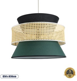 01916 GloboStar®  SAIGE 01916 Boho Κρεμαστό Φωτιστικό Πλέγμα Μονόφωτο 1 x E27 IP20 Μπεζ Ξύλο με Μαύρο &amp; Πράσινο Ύφασμα - Μ50 x Π50 x Υ36cm
