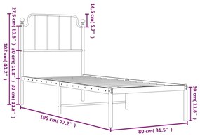 Πλαίσιο Κρεβατιού με Κεφαλάρι Μαύρο 75 x 190 εκ. Μεταλλικό - Μαύρο