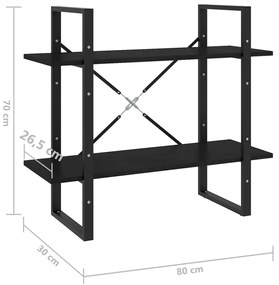 Βιβλιοθήκη με 2 Ράφια Μαύρη 80 x 30 x 70 εκ. Μασίφ Ξύλο Πεύκου - Μαύρο