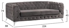 Καναπές Τριθέσιος ALBERT τύπου CHESTERFIELD Βελούδο Γκρί 224x88x74Υ εκ. 224x88x74 εκ.