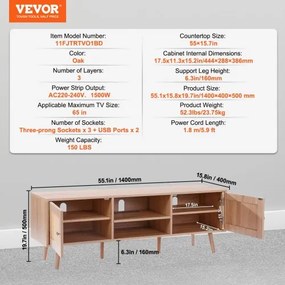 VEVOR Rattan TV Stand for 65&quot; TV Boho TV Stand with Build-in Socket Oak