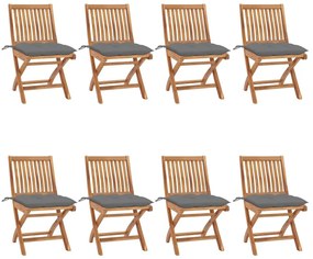 Καρέκλες Κήπου Πτυσσόμενες 8 τεμ. Μασίφ Ξύλο Teak με Μαξιλάρια - Γκρι