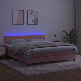 Κρεβάτι Boxspring με Στρώμα &amp; LED Ροζ 160x200 εκ. Βελούδινο - Ροζ