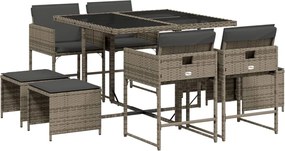 vidaXL Σετ Τραπεζαρίας Κήπου 9 τεμ. Γκρι Συνθ. Ρατάν με Μαξιλάρια