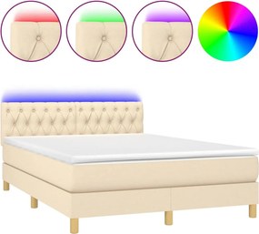 vidaXL Κρεβάτι Boxspring με Στρώμα &amp; LED Κρεμ 140x200 εκ. Υφασμάτινο