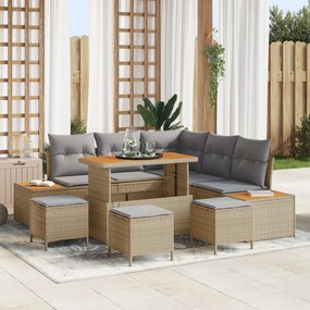 vidaXL 9 Τεμαχίων Σετ Καναπέ Κήπου με Μαξιλάρια Μπεζ Πολυ Ρατάν Ακακία