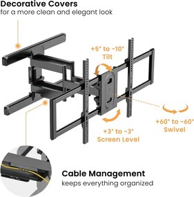 POWERTECH επιτοίχια βάση τηλεόρασης PT-1280, 43-100", έως 60kg, full motion