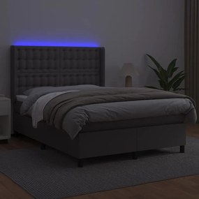 Κρεβάτι Boxspring με Στρώμα &amp; LED Γκρι 140x200 εκ. Συνθ. Δέρμα - Γκρι