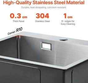 VEVOR 40cm Kitchen Sink Top Mount Single Bowl Drop-In Basin Stainless Steel Bar