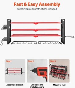 VEVOR Power Tool Organizer Wall Mount, 4-Layer Storage Rack with 8 Drill Holders, Tools Holder and Storage Rack with Side Pegboards, Garage Tool Organizer for Garage, Workbench, and Workshop