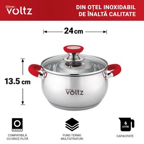 Κατσαρόλα Oliver Voltz OV51210N24, 24 cm, 6 l, Επαγωγή, Κόκκινες λαβές από σιλικόνη, Inox/Κόκκινος