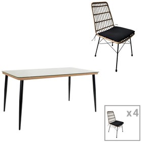 Naoki U dining table set of 5 rattan pe in natural shade and black metal 160x90x78cm 160x90x78 εκ.