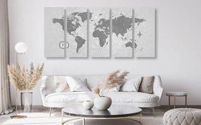 Χάρτης με 5 μέρη εικόνας του κόσμου με πυξίδα σε ρετρό στυλ σε ασπρόμαυρο - 200x100