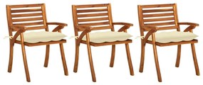 Καρέκλες Τραπεζαρίας Κήπου 3 τεμ Μασίφ Ξύλο Ακακίας &amp; Μαξιλάρια - Κρεμ