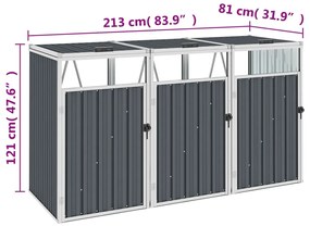 vidaXL Πλαίσιο Τριπλό για Κάδους Γκρι 213 x 81 x 121 εκ. Ατσάλινο