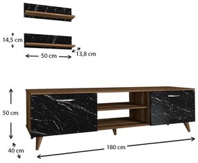 Έπιπλο τηλεόρασης Geacles Megapap από μελαμίνη χρώμα καρυδί - μαύρο εφέ μαρμάρου 180x40x50εκ.