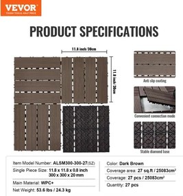VEVOR Interlocking Deck Tiles Plastic Wood 27 Pack 12"x12" Waterproof for Porch
