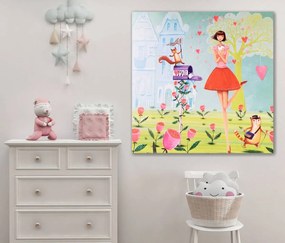 Παιδικός πίνακας σε καμβά φλοράλ με ζώα και κορίτσι KNV0443 80cm x 80cm