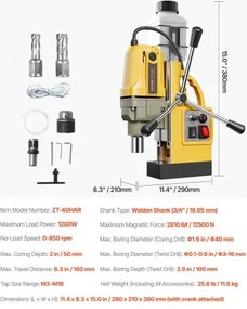 Magnetic Drill 1200W 2810 lbf Mag Drill Press 1.6 in Boring Diameter Yellow