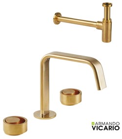 Armando Vicario Halo Gold Brushed Σιφών+Μπαταρία Νιπτήρος 3 οπών με βαλβίδα clic-clac