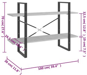 vidaXL Βιβλιοθήκη με 2 Ράφια Γκρι Σκυροδέματος 100x30x70εκ Επεξ. Ξύλο