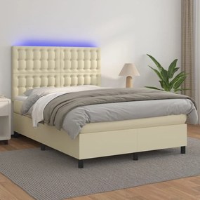 vidaXL Κρεβάτι Boxspring με Στρώμα &amp; LED Κρεμ 140x200 εκ. Συνθ. Δέρμα