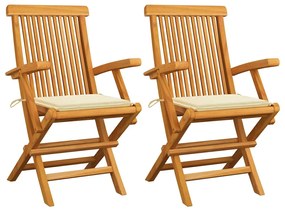 vidaXL Καρέκλες Κήπου 2 τεμ. από Μασίφ Ξύλο Teak με Κρεμ Μαξιλάρια