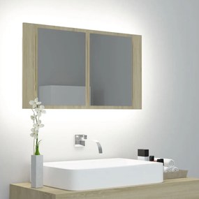 Ντουλάπι Μπάνιου με Καθρέφτη &amp; Φωτ. LED Sonoma Δρυς Ακρυλικός - Καφέ