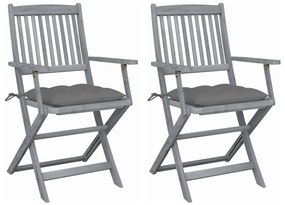 Καρέκλες Εξωτ. Χώρου Πτυσσόμενες 2 τεμ Ξύλο Ακακίας &amp; Μαξιλάρια - Γκρι