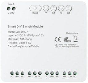 Μονάδα διακόπτη 4 καναλιών ZigBee με επαφή χωρίς τάση DC 32V Avatto ZWSMMD-4-32V