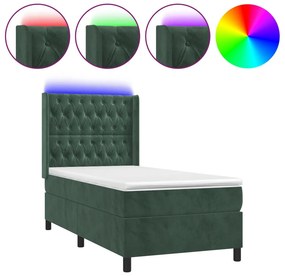 vidaXL Κρεβάτι Boxspring με Στρώμα &amp; LED Σκ. Πράσινο 90x200 εκ Βελούδο