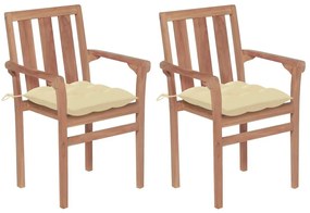 Καρέκλες Κήπου 2 τεμ. από Μασίφ Ξύλο Teak Λευκά Κρεμ Μαξιλάρια - Κρεμ