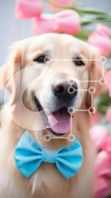 Intra Συλλεκτικό Ξύλινο Παζλ Plywood  4mm - Σκύλος Golden Retriever με μπλε παπιγιόν και ροζ τουλίπες Σε Ξύλινο Κουτί - Διαστάσεις: 10x10 cm – 25 κομμάτια