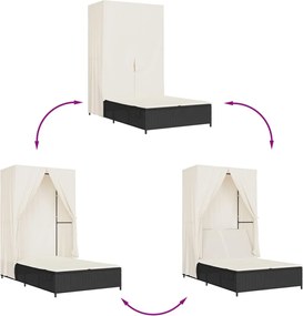 vidaXL Ξαπλώστρα Διπλή Μαύρη από Συνθετικό Ρατάν με Οροφή / Κουρτίνες