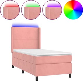 vidaXL Κρεβάτι Boxspring με Στρώμα &amp; LED Ροζ 90x200 εκ. Βελούδινο