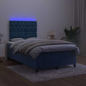 vidaXL Κρεβάτι Boxspring με Στρώμα & LED Σκ. Μπλε 120x190εκ. Βελούδινο