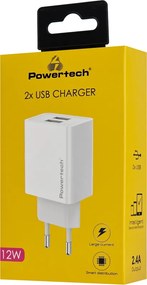POWERTECH φορτιστής τοίχου PT-1321, 2x USB, 12W, λευκός