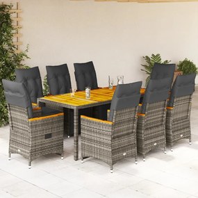 vidaXL Σετ Επίπλων Bistro Κήπου 9 τεμ. Γκρι Συνθετ. Ρατάν με Μαξιλάρια