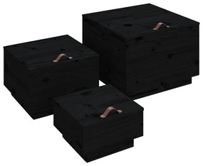 vidaXL Κουτιά Αποθήκευσης με Καπάκια 3 τεμ.Μαύρο από άσπρο Ξύλο Πεύκου