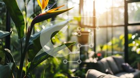 Intra Συλλεκτικό Ξύλινο Παζλ Plywood  4mm - Σαλόνι γεμάτο πράσινο με φυτό Bird of Paradise Σε Ξύλινο Κουτί - Διαστάσεις Puzzle: 10x10 cm – 25 κομμάτια