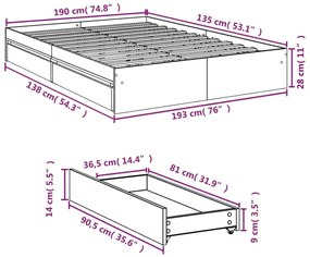 Πλαίσιο Κρεβατιού με Συρτάρια Γκρι Σκυρ. 135x190 εκ. Επεξ. Ξύλο - Γκρι