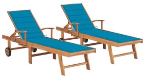 Ξαπλώστρες 2 τεμ. από Μασίφ Ξύλο Teak με Μπλε Μαξιλάρια