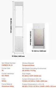 VEVOR Dog Door for Sliding Glass Door, 2311-2439 mm Adjustable Height, Aluminum Alloy Frame with Metal Rotating Hinges, Secure Lock Design, 346 x 600 mm Flap, Sliding Glass Pet Door for Renters