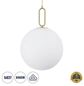 GloboStar® BELLISSIMO 61488 Μοντέρνο Κρεμαστό Φωτιστικό Οροφής Μονόφωτο 1 x E27 Γαλακτερή Γυάλινη Μπάλα με Μεταλλικό Επιχρυσωμενό Πλατίνα Σώμα Φ40 x Υ62cm