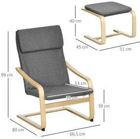 HOMCOM Πολυθρόνα με υποπόδιο, σετ πολυθρόνας, έως 120 kg, όψη λινό, μασίφ ξύλο, Γκρι + Φυσικό, 66,5 x 80 x 99 cm