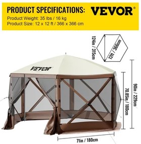 VEVOR Pop-up Camping Gazebo Camping Canopy Shelter 6 Sided 12&#039; x 12&#039; Sun Shade