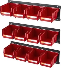 VEVOR Wall Mounted Storage Bins, 12 Plastic Bins &amp; 3 Metal Rails, Plastic Hanging Stackable Storage Bin for Screws, Nuts, Bolts, Nails, Hardware Tool Organizer for Workshop, Craft Room, Garage, Red